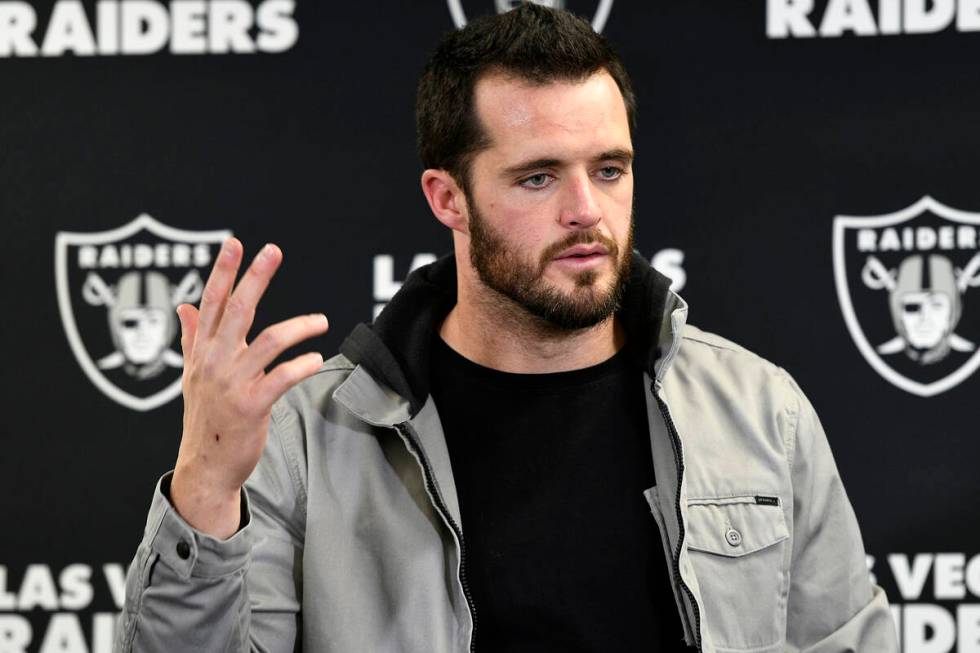 Las Vegas Raiders quarterback Derek Carr meets with reporters after an NFL football game in Pit ...