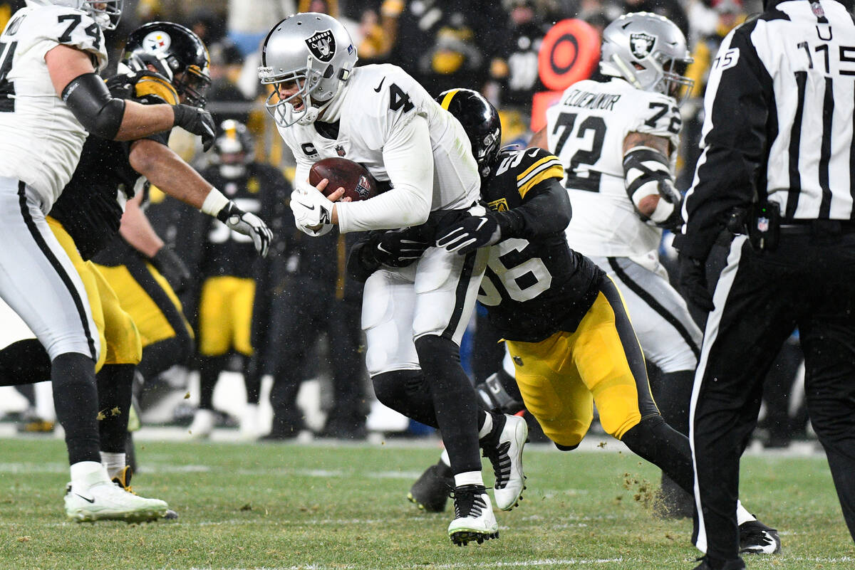 Pittsburgh Steelers linebacker Alex Highsmith (56) sacks Las Vegas Raiders quarterback Derek Ca ...