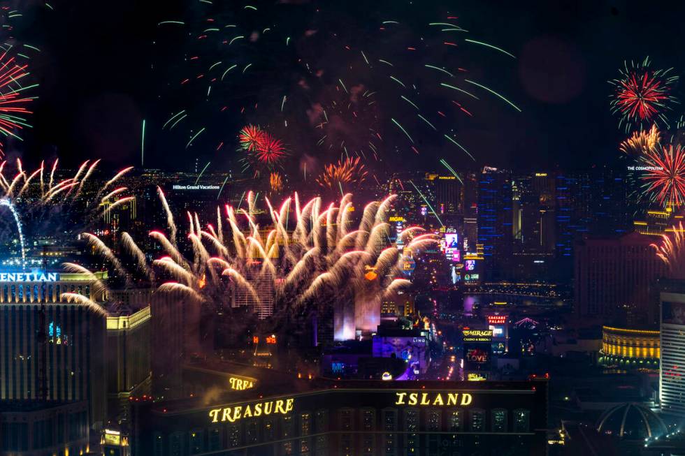 New Year’s Eve fireworks erupt above the Strip viewed from atop the Trump Tower on Sunday, Ja ...