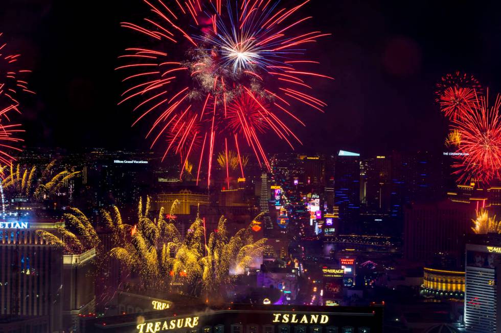 New Year’s fireworks erupt above the Strip viewed from atop the Trump Tower on Sunday, Jan. 1 ...