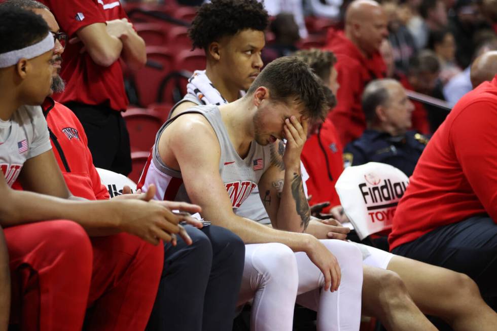 UNLV Rebels guard Jordan McCabe (5) reacts from the bench during the second half of an NCAA col ...