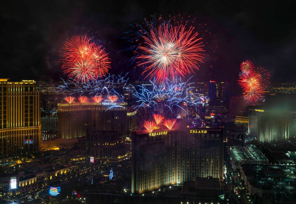 New Year’s Eve fireworks erupt above the Strip viewed from atop the Trump Tower on Sunda ...