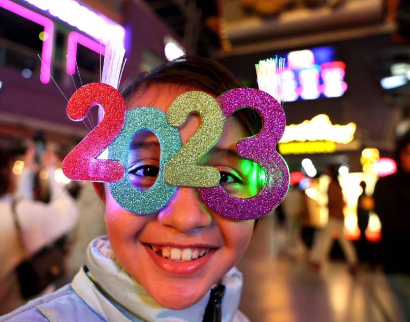 Mia Preciado 8, of Mexico celebrates on New Year’s Eve at the Fremont Street Experience ...