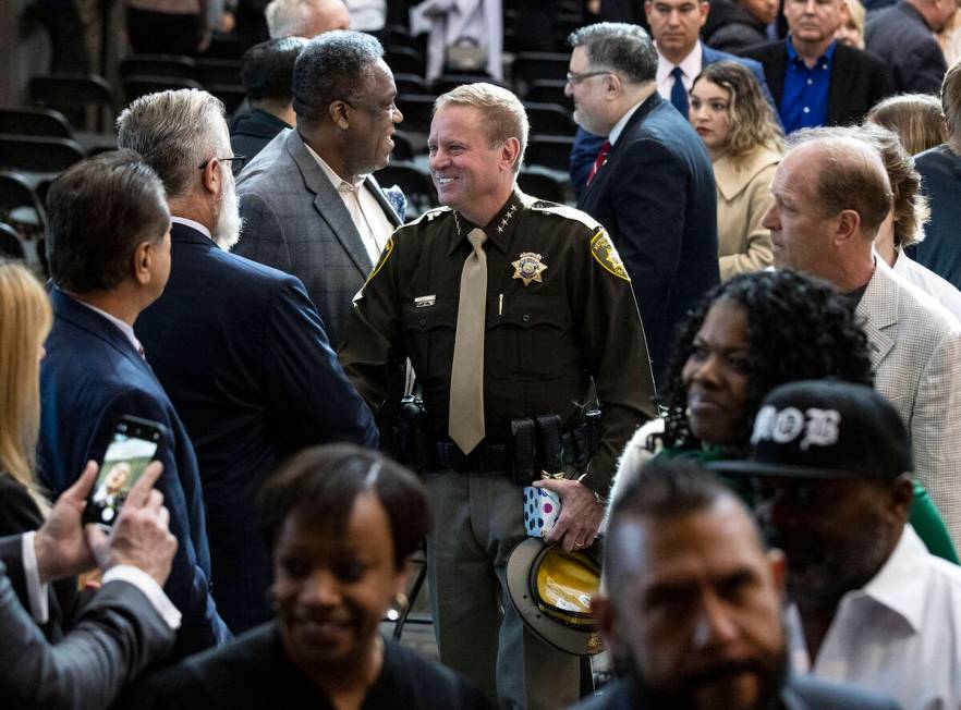 Sheriff Kevin McMahill shakes hand with attendees after being sworn as LVPD Sheriff at Blind C ...