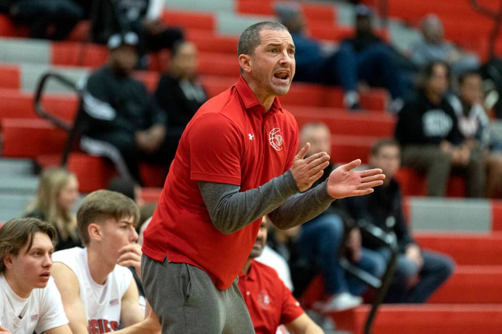 Arbor View assistant coach Mark Dickel shouts to his team from the sidelines during a boys high ...