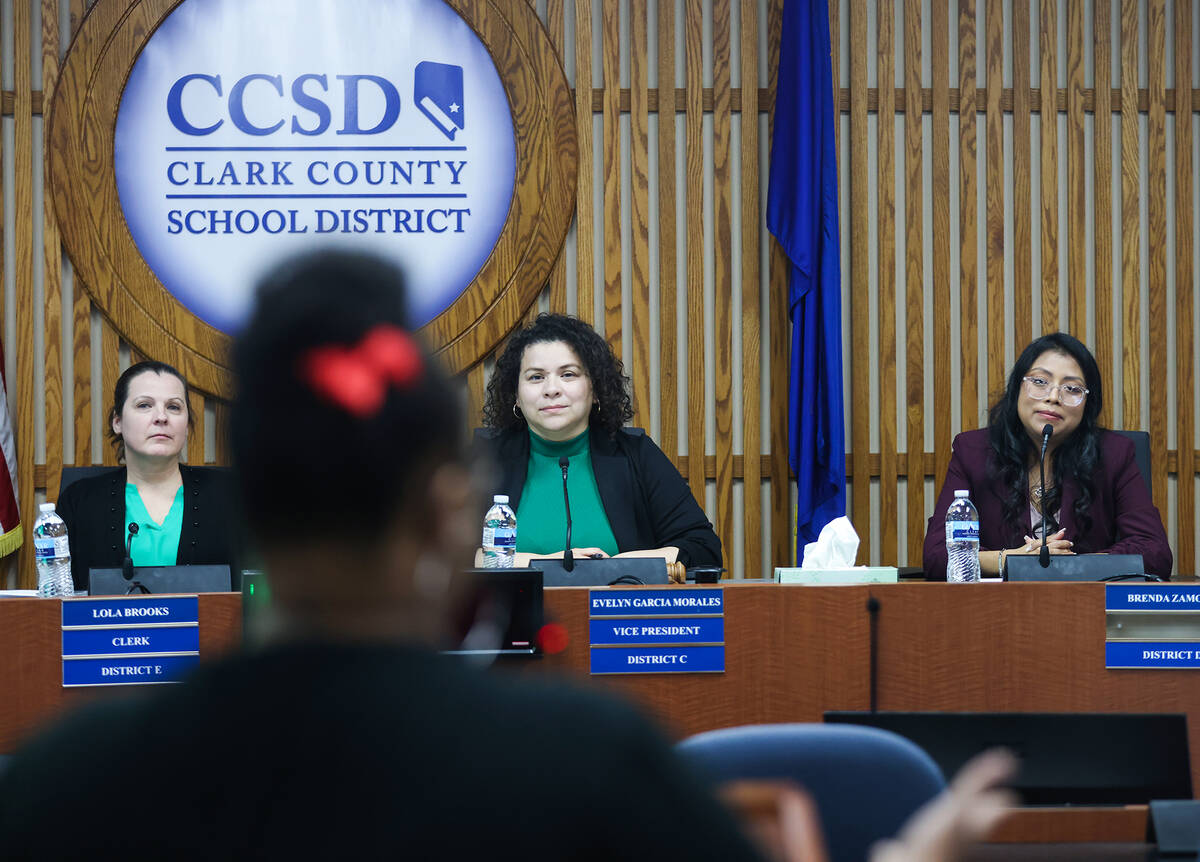 Lola Brooks, school board trustee for District E, from left, Evelyn Morales, school board trust ...