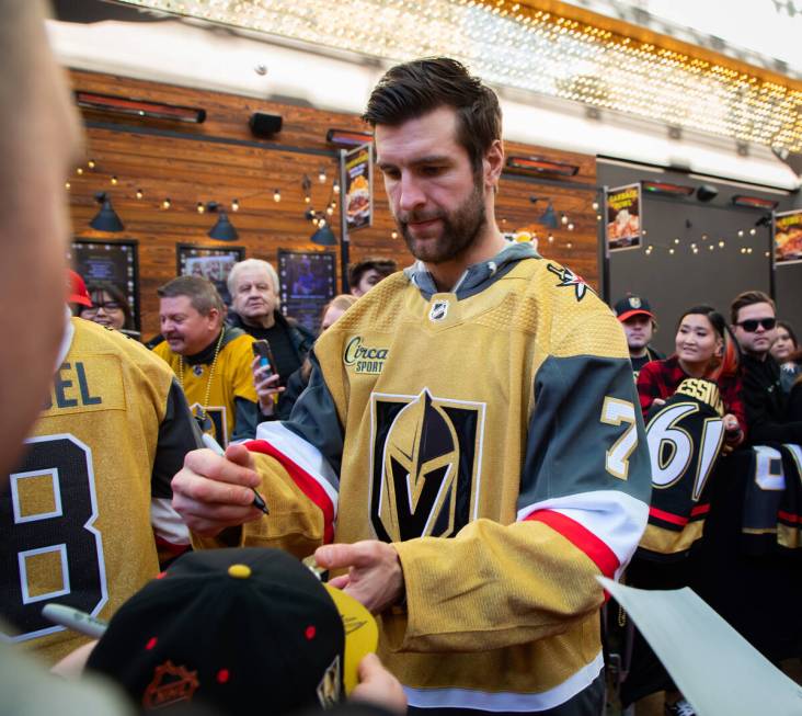 Las Vegas Golden Knights’ Alex Pietrangelo signs autographs during the Fan Fest at the F ...