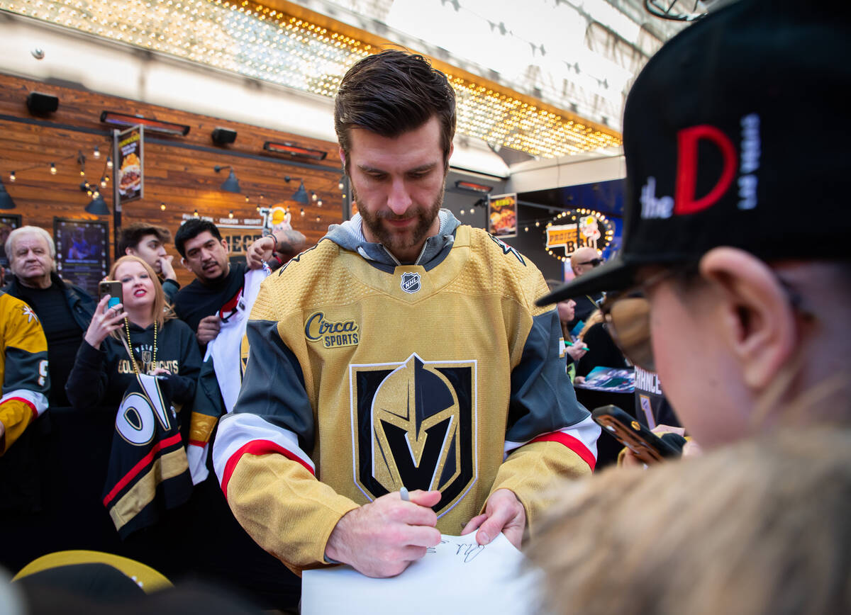 Las Vegas Golden Knights’ Alex Pietrangelo signs autographs during the Fan Fest at the F ...