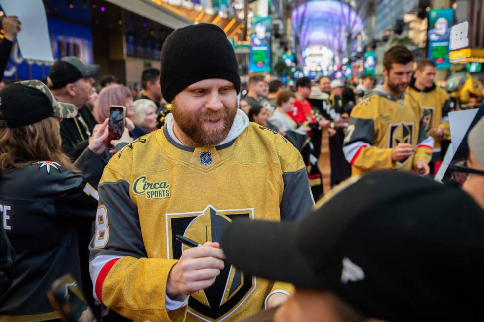 Las Vegas Golden Knights’ Phil Kessel signs autographs during the Fan Fest at the Fremon ...