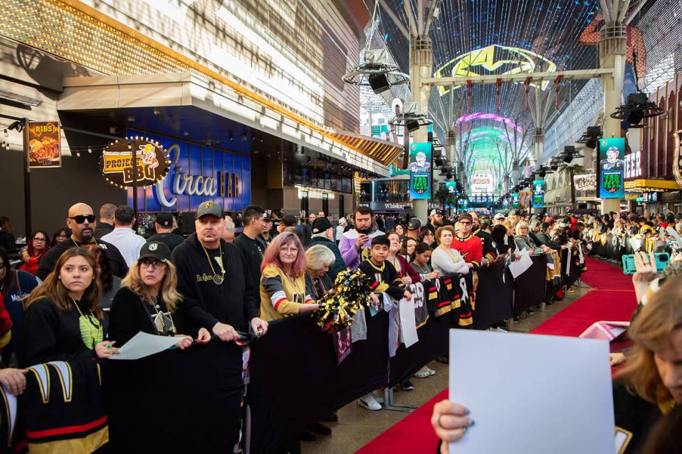 Fans during the Las Vegas Golden Knights Fan Fest at the Fremont Street Experience Main St. sta ...