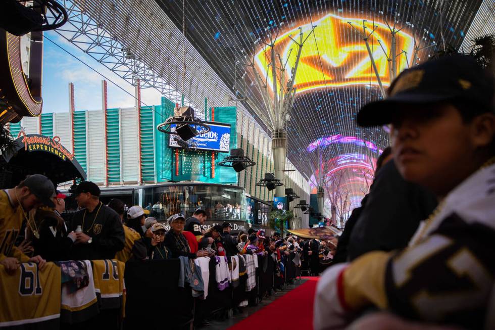 Fans during the Las Vegas Golden Knights Fan Fest at the Fremont Street Experience Main St. sta ...