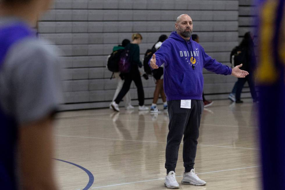 Durango head coach Chad Beeten works with his team during a boys high school basketball practic ...