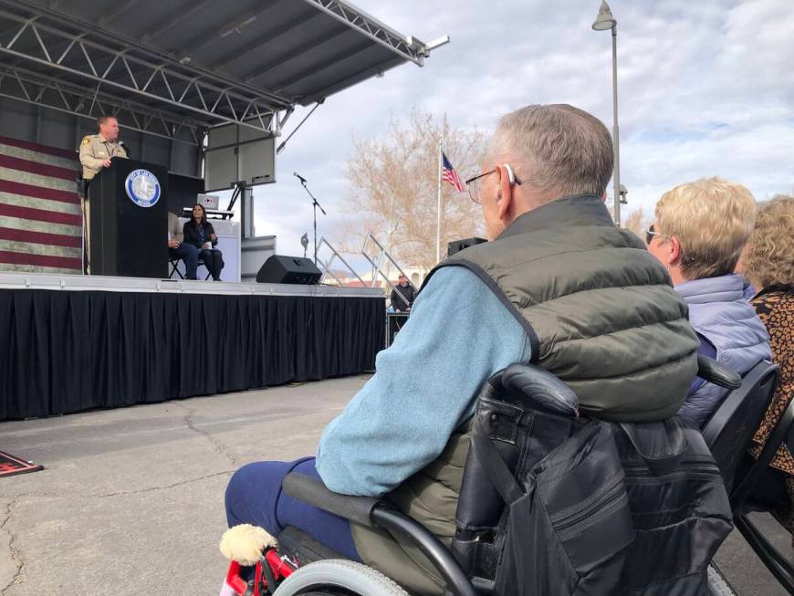 Clark County Sheriff Kevin McMahill speaks during Law Enforcement Day at Police Memorial Park, ...