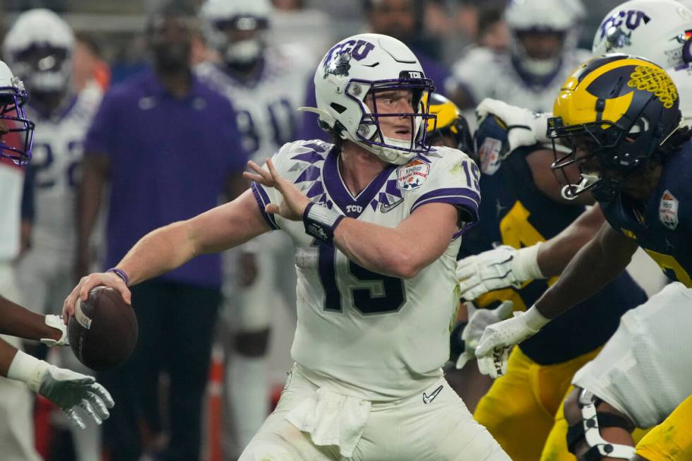 TCU quarterback Max Duggan (15) during the first half of the Fiesta Bowl NCAA college football ...