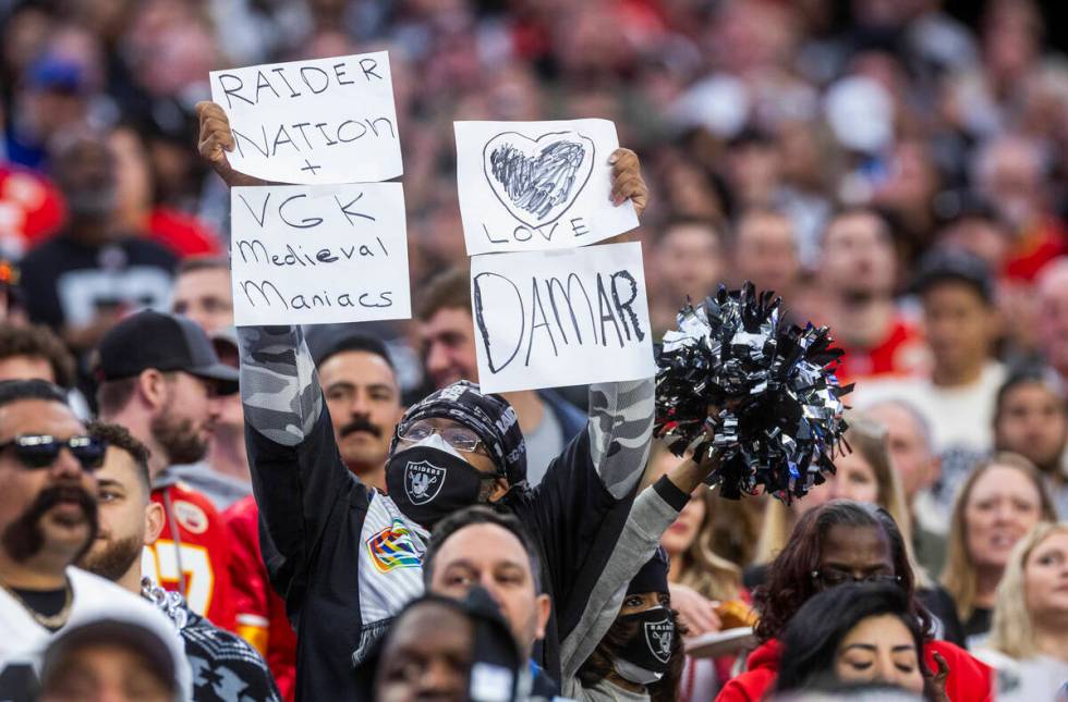 Fans show their support for injured player Damar Hamlin as the Raiders face the Kansas City Ch ...