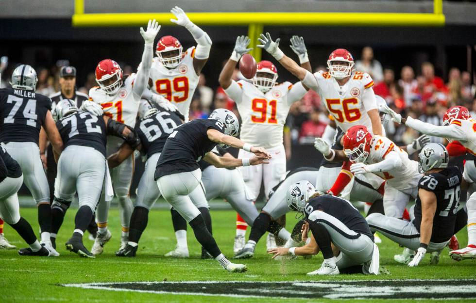 Raiders place kicker Daniel Carlson (2) secures the first points for the team versus the Kansas ...