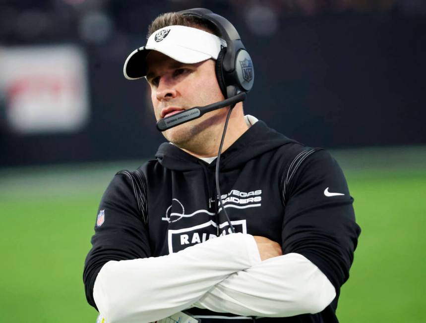 Raiders head coach Josh McDaniels looks on during the second half an NFL game against the Kansa ...