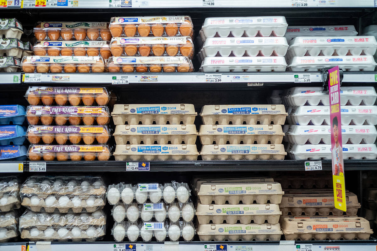 Cartons of eggs are seen for sale in a Kroger grocery store on Aug. 15, 2022, in Houston, Texas ...