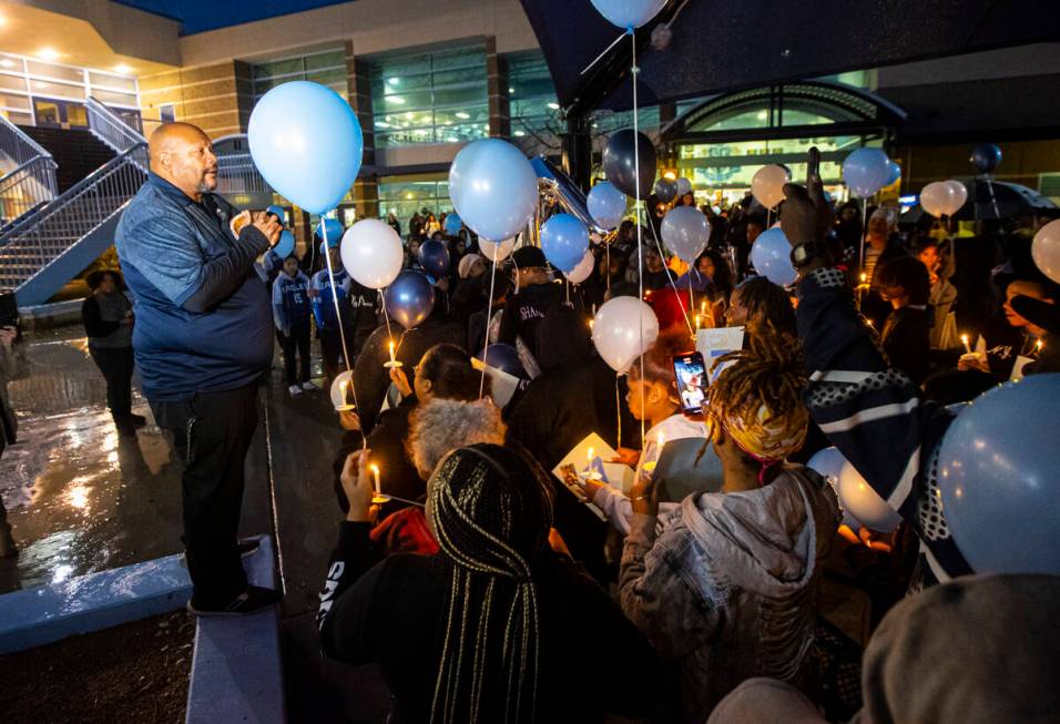 Centennial flag football coach Stan Standifer, left, addresses the crowd during a celebration o ...