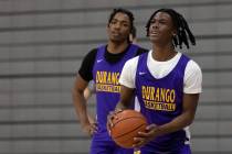 Durango’s Tylen Riley prepares to shoot during a boys high school basketball practice at ...