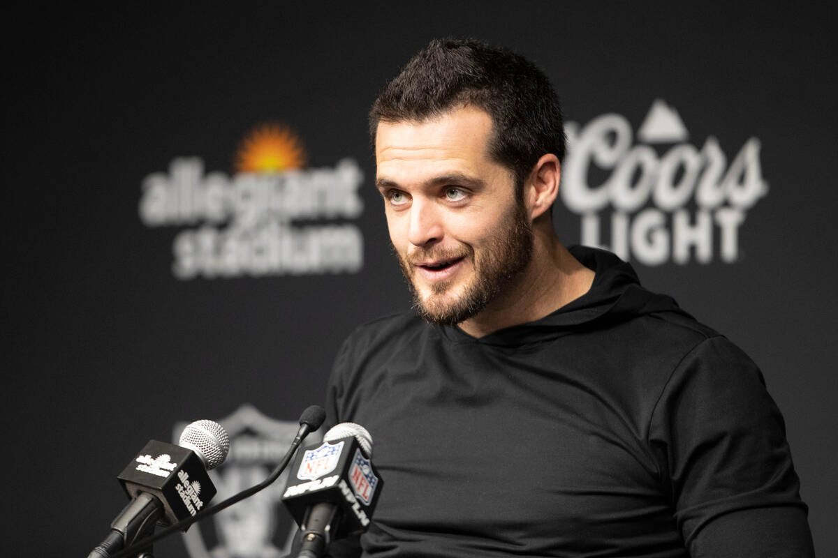 Raiders quarterback Derek Carr (4) speaks to media during his post-game news conference after w ...