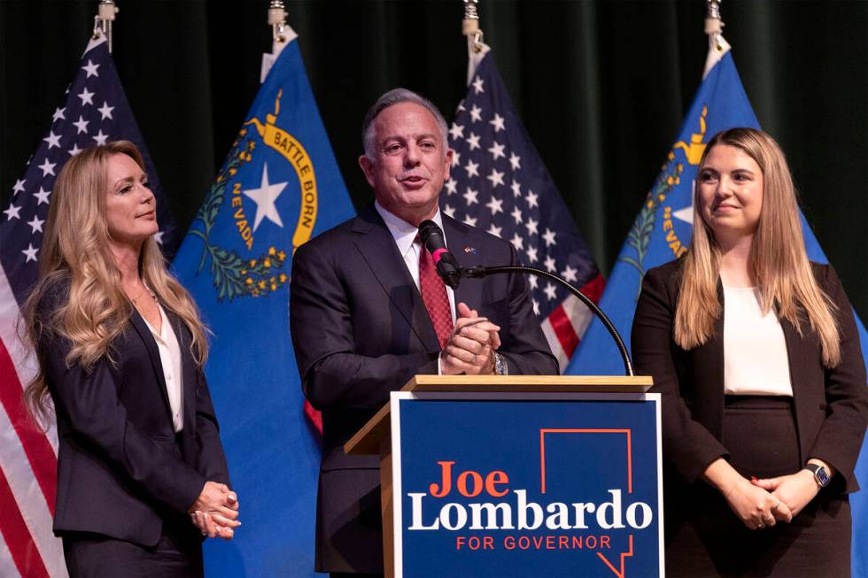 FILE - Clark County Sheriff and Nevada Gov.-elect Joe Lombardo gives a victory speech, with his ...