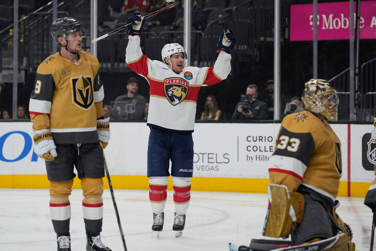 Florida Panthers center Nick Cousins (21) celebrates after scoring against the Vegas Golden Kni ...