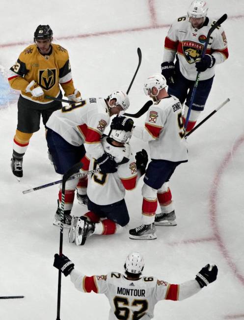 Florida Panthers celebrate after center Sam Reinhart (13) scored against the Vegas Golden Knigh ...