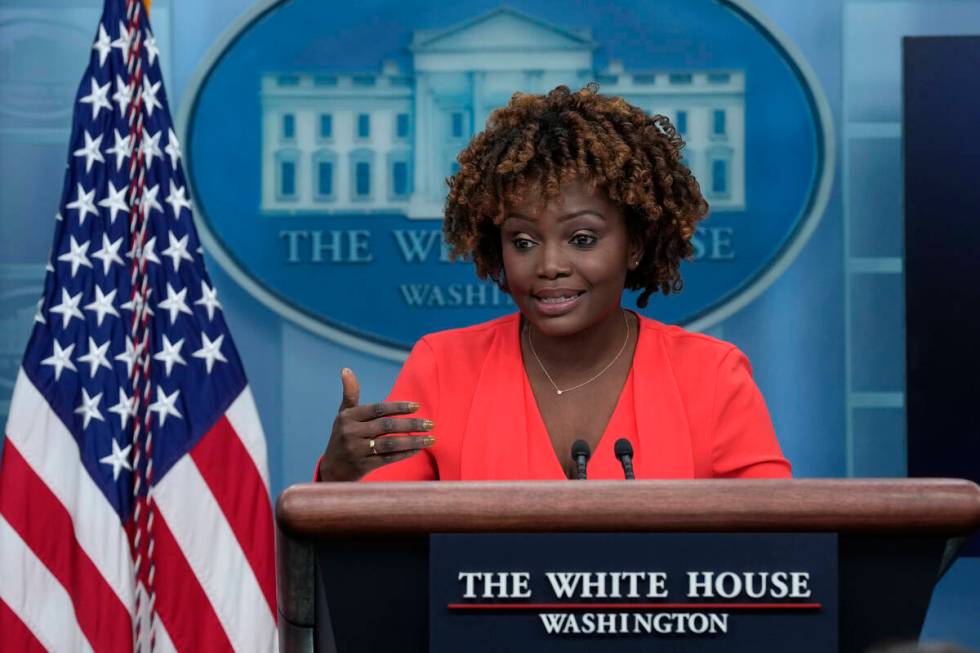 White House press secretary Karine Jean-Pierre speaks during the daily briefing at the White Ho ...