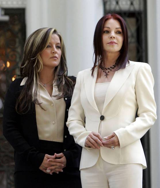 Lisa Marie Presley, left, and her mother Priscilla Presley await the arrival of Japanese Prime ...