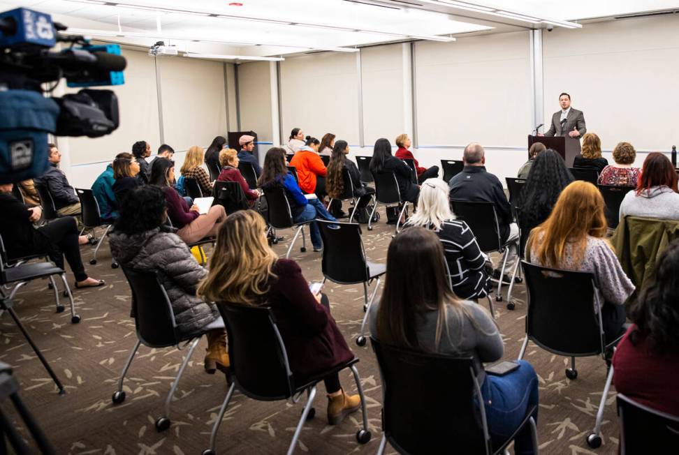 Tim Burch, Clark County administrator of social services, speaks during a briefing about the ev ...