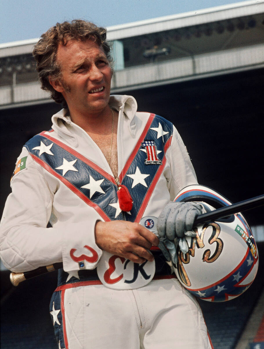 In this Aug. 20, 1974 file photo daredevil motorcyclist Evel Knievel poses at the open-air Cana ...