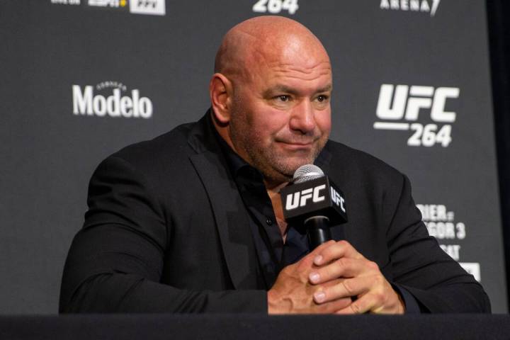 UFC president Dana White answers questions during a post-fight news conference at UFC 264 at th ...