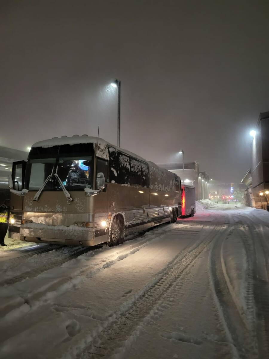 The Carrot Top Express (a Prevost passenger coach) is shown after arriving at Bally's Lake Taho ...