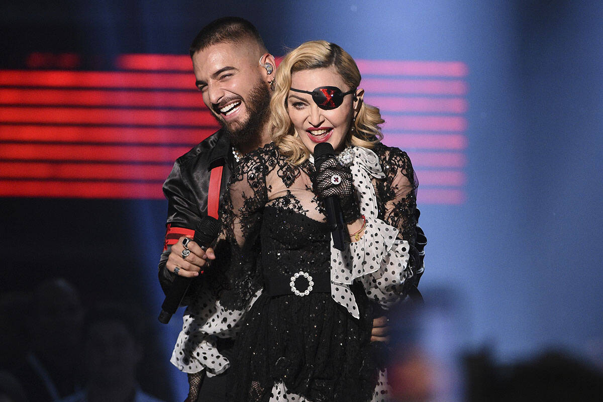 Maluma, left, and Madonna perform "Medellin" at the Billboard Music Awards on Wednesday, May 1, ...