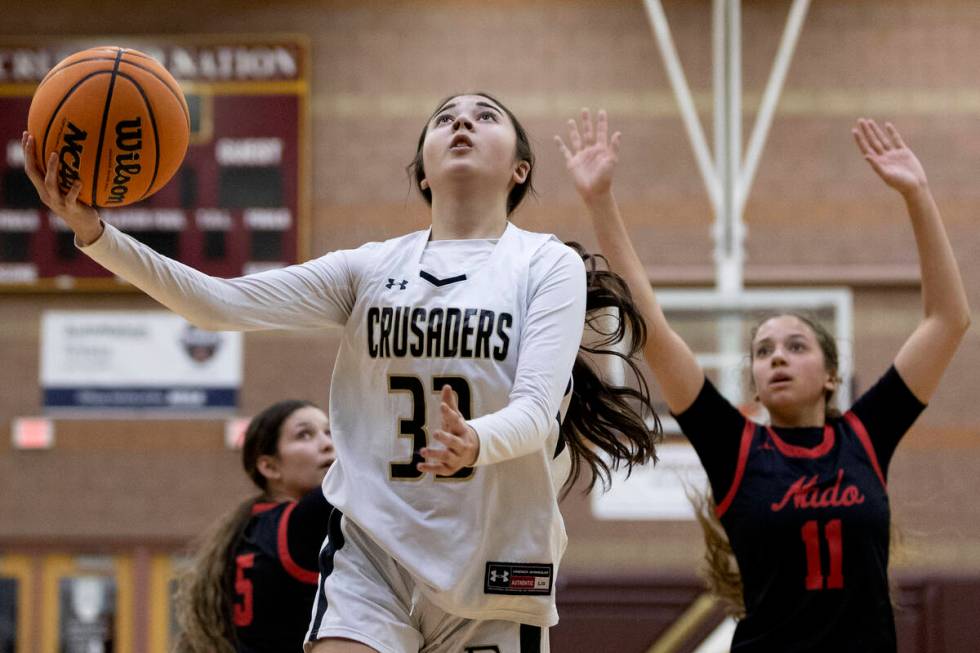 Faith Lutheran’s Emma Herpin (33) runs to shoot against Coronado’s Scarlet Lopez ...