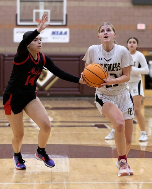 Faith Lutheran’s Raina Forgue (23) dribbles toward the hoop against Coronado’s Ka ...