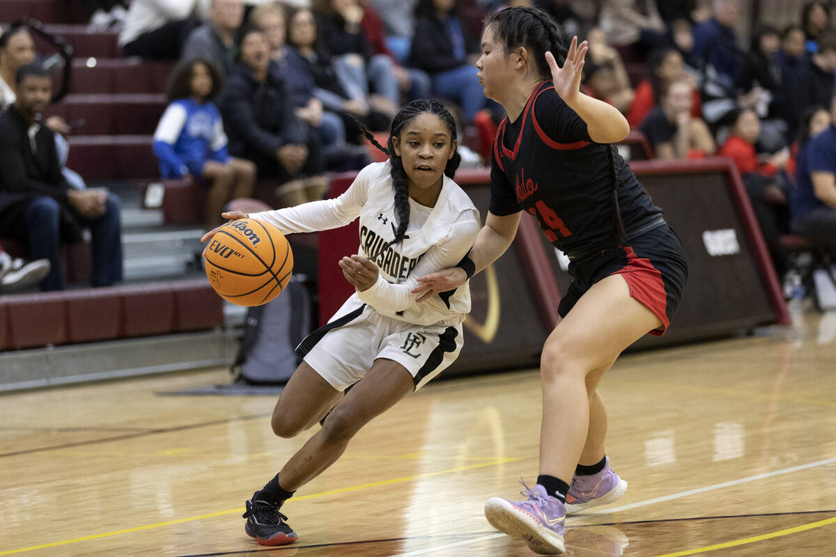 Faith Lutheran’s Tamiah Harrison, left, dribbles around Coronado’s Sunny Li (24) ...