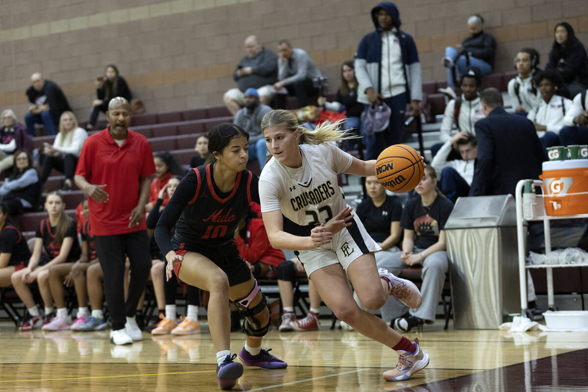 Faith Lutheran’s Raina Forgue (23) dribbles around Coronado’s Jade Garrison (10) ...