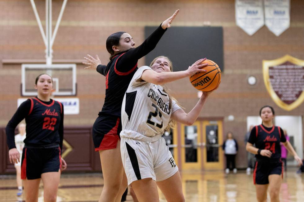 Faith Lutheran’s Raina Forgue (23) shoots against Coronado’s Kaylee Walters (14) ...