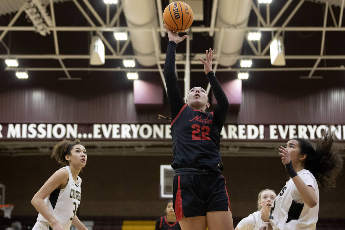 Coronado’s Ashtyn Wick (22) shoots against Faith Lutheran during a girls high school bas ...