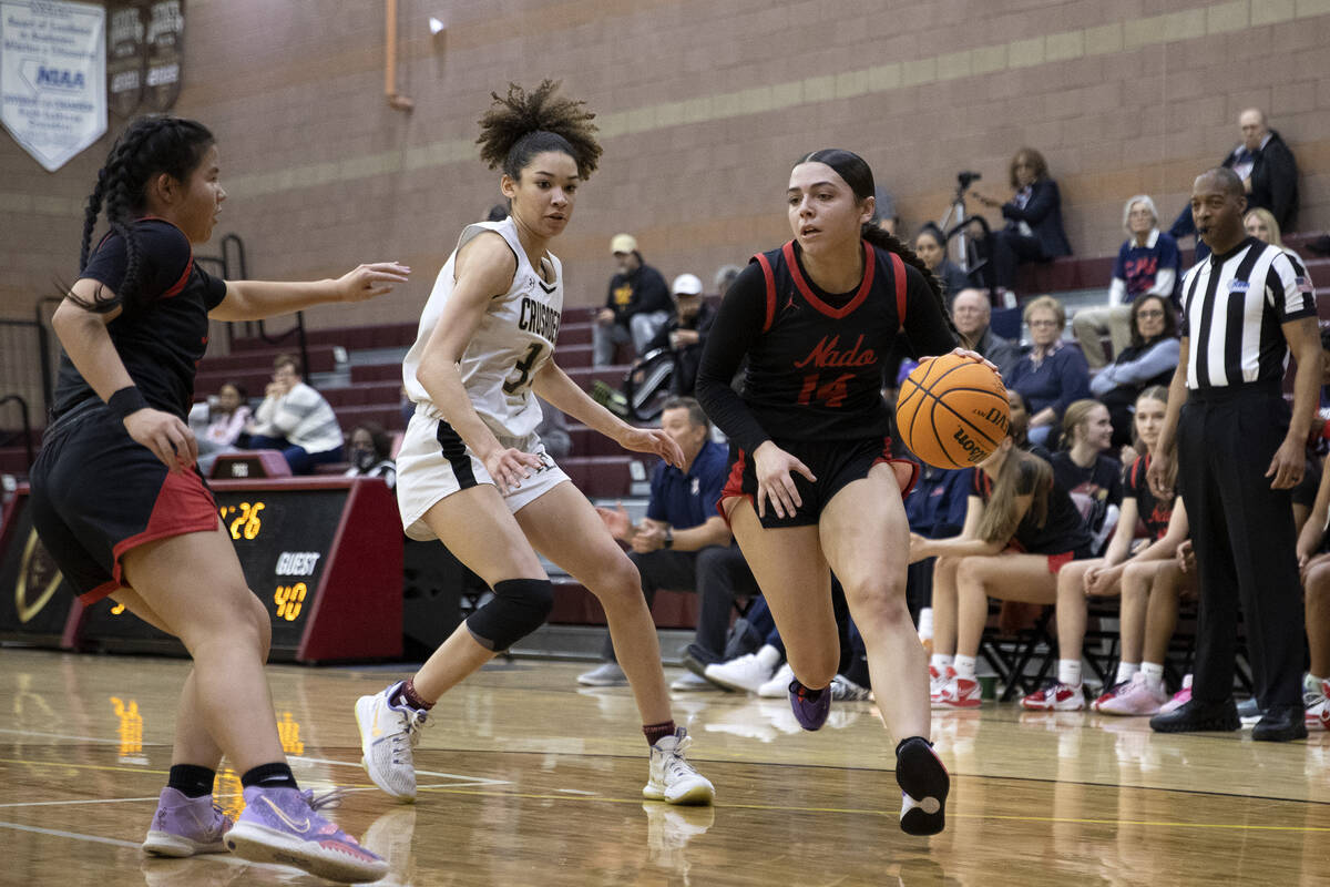 Coronado’s Kaylee Walters (14) drives around Faith Lutheran’s Leah Mitchell (34) ...