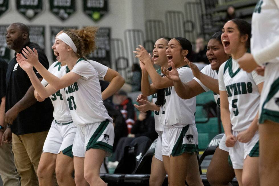 Palo Verde celebrates from the bench as their Halle McKnight secured their win with a free thro ...