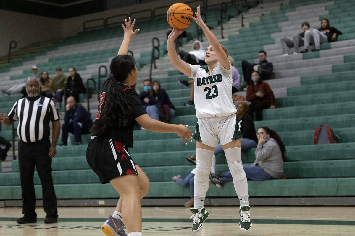 Palo Verde’s Breanna Scholz (23) is about to shoot a three-pointer against Las Vegas&#x2 ...