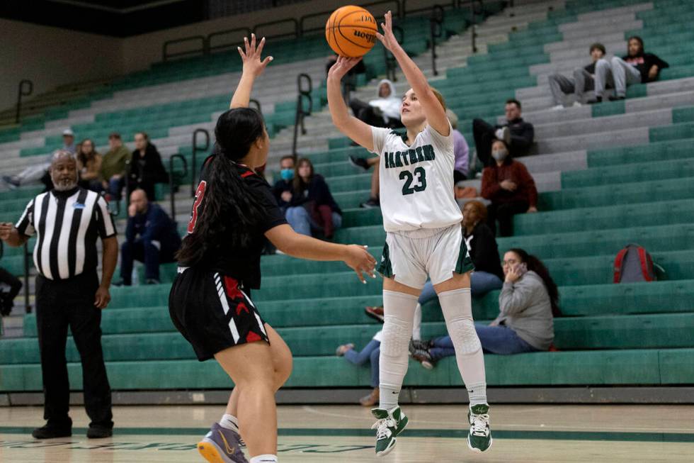 Palo Verde’s Breanna Scholz (23) is about to shoot a three-pointer against Las Vegas&#x2 ...