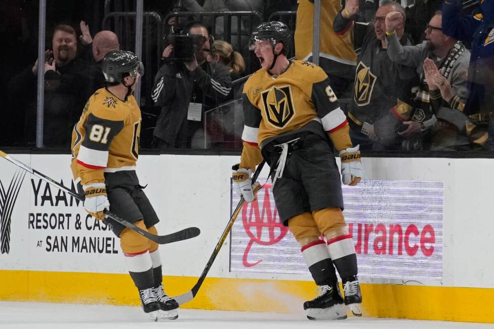 Vegas Golden Knights center Jack Eichel (9) celebrates after scoring against the Florida Panthe ...