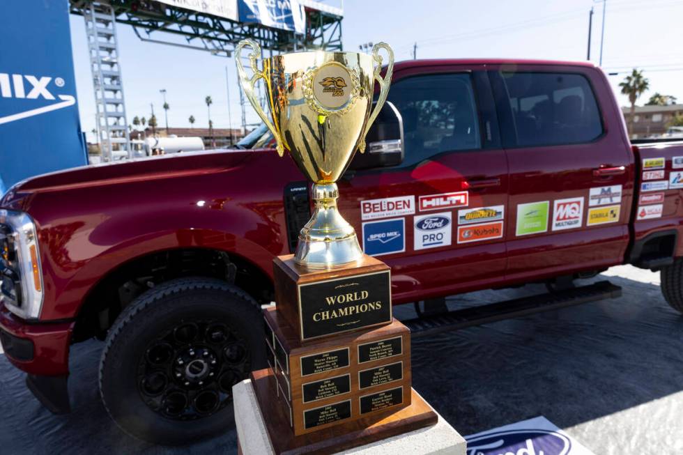 The World of Concrete Convention bricklaying competition trophy is displayed at the Las Vegas C ...