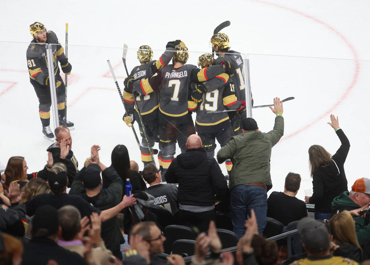 Golden Knights defenseman Alex Pietrangelo (7) celebrates his goal against the Detroit Red Wing ...