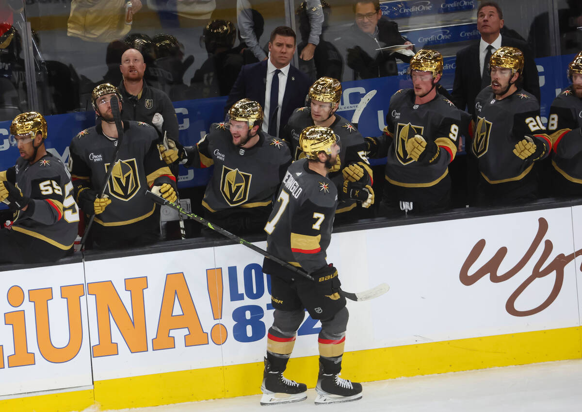 Golden Knights defenseman Alex Pietrangelo (7) celebrates his goal against the Detroit Red Wing ...