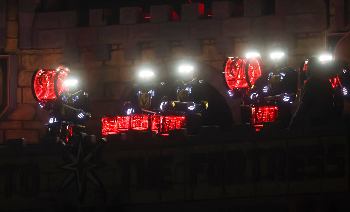 The Golden Knights Drumbots perform before an NHL hockey game against the Detroit Red Wings at ...